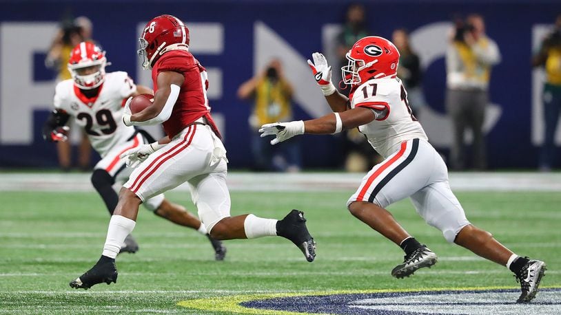 Nakobe Dean and the rest of the Georgia defense spent a lot time chasing against Alabama in the SEC Championship Game. Against Michigan, they hope to do more catching. “Curtis Compton / Curtis.Compton@ajc.com”`
