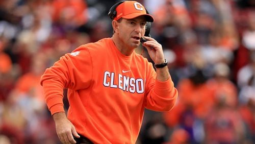 Head coach Dabo Swinney of the Clemson Tigers watches on against the South Carolina Gamecocks during their game at Williams-Brice Stadium on November 30, 2019 in Columbia, South Carolina. (Photo by Streeter Lecka/Getty Images)