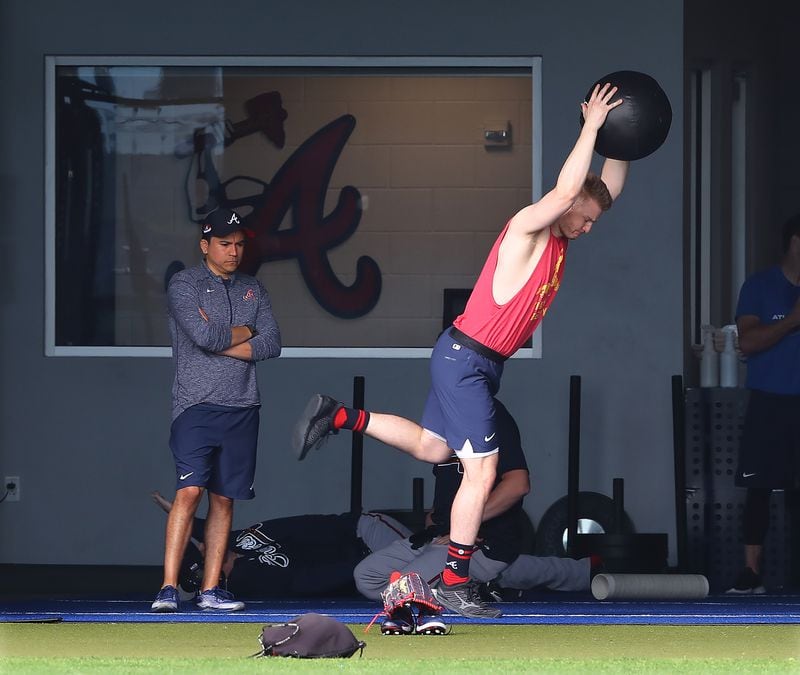 Braves pitcher Mike Soroka, recovering from a Achilles tendon tear,, works on strength and conditioning in the team's training facility during spring training on Wednesday, March 16, 2022, in North Port, Fla.    “Curtis Compton / Curtis.Compton@ajc.com”
