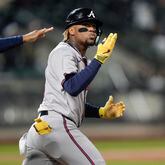 Atlanta Braves' Ronald Acuña Jr. gestures to fans as he runs the bases after hitting a home run against the New York Mets during the third inning of a baseball game Friday, May 10, 2024, in New York. The Braves won 4-2. (AP Photo/Frank Franklin II)