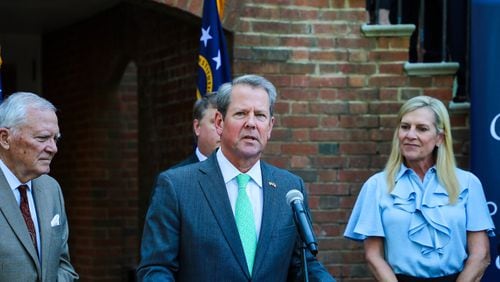 In October 2023, Gov. Brian Kemp joined former Gov. Nathan Deal and first lady Marty Kemp to tout the state’s economy at the Governor’s Mansion. He also celebrated Georgia's designation by Area Development magazine as the top state for business for the 10th consecutive year. (AJC file photo)