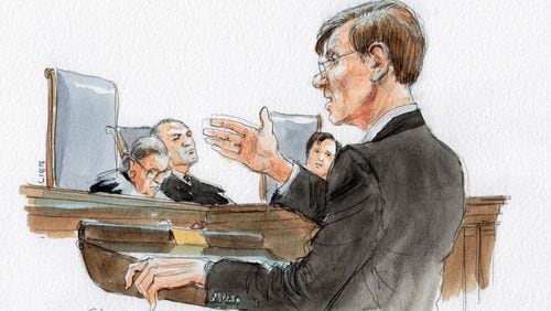 Stephen Bright argues the Foster case before the U.S. Supreme Court in November 2015. (Art Lien / courtartist.com)