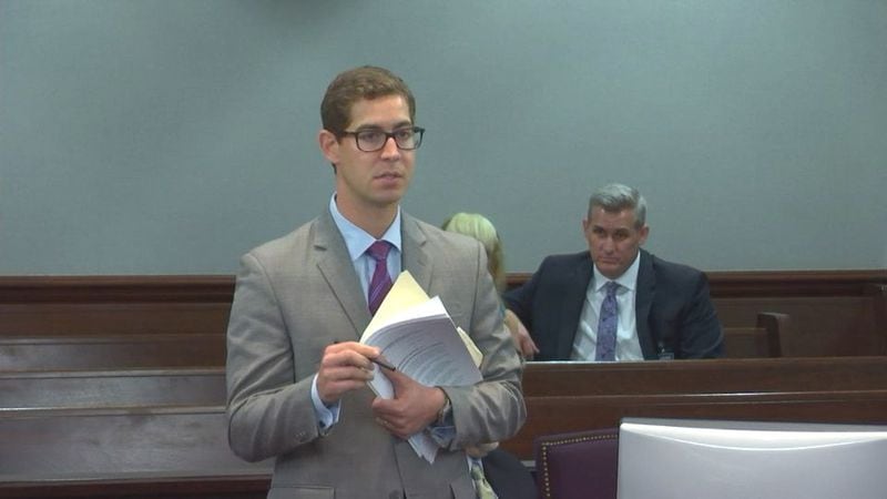 Defense attorney Carlos Rodriguez voices his concerns to Judge Mary Staley Clark over the prosecution's use of a 3-D animation of Justin Ross Harris' SUV, during Harris' murder trial at the Glynn County Courthouse in Brunswick, Ga., on Wednesday, Oct. 26, 2016. (screen capture via WSB-TV)