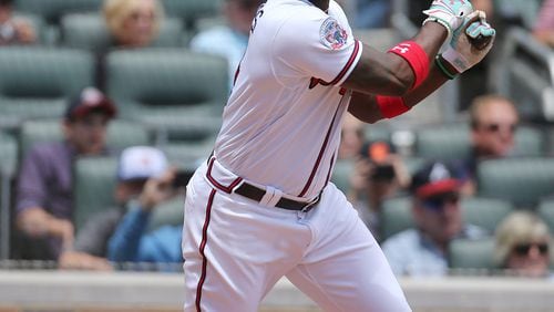 Braves second baseman Brandon Phillips was out of the lineup Monday at Anaheim after leaving Sunday’s game with a right-knee contusion that resulted from being struck by a foul tip. (Curtis Compton/AJC file photo)