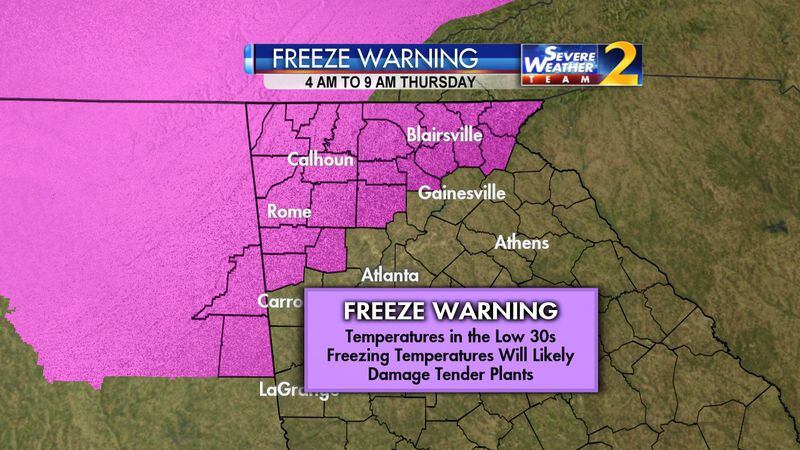 Parts of metro Atlanta face a freeze warning early Thursday, two days after highs in the 80s. (Credit: Channel 2 Action News)