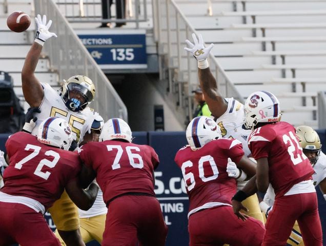 Georgia Tech Yellow Jackets defensive lineman Horace Lockett (55) deflects a  pass from South Carolina State Bulldogs quarterback Prometheus Franklin II (21) during a football game against South Carolina State at Bobby Dodd Stadium in Atlanta on Saturday, September 9, 2023.   (Bob Andres for the Atlanta Journal Constitution)