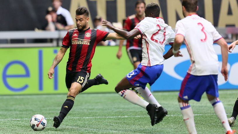 Atlanta United striker Hector Villaba is prepared to do a shot on goal for Toronto FC goal during the last game of the regular MLS season for both teams.