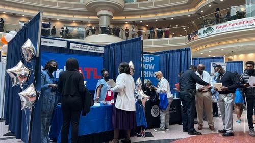 Airport employers sought to fill thousands of open positions at a job fair in the domestic terminal atrium at Hartsfield-Jackson International Airport on Wednesday, March 23, 2022.