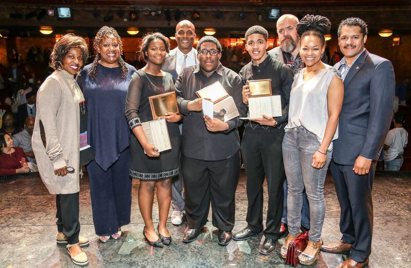 Players in the 7th Annual August Wilson Monologue Competition finals: Pauletta Washington (from left), Hilda Willis, winner Moyè Light, Kenny Leon, runner-up Cameron Southerland, honorable mention Jonathan German, David Gallo, Crystal Dickinson and Brandon Dirden.