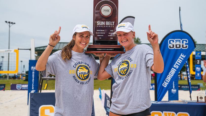 Georgia State beach volleyball players Kelly Dorn (left) and partner Elise Saga, named Pair of the Tournament for the Sun Belt Championship.
