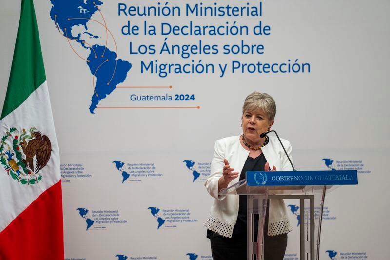 Mexico's Secretary of Foreign Affairs Alicia Barcena speaks during a press conference at the national palace in Guatemala City, Tuesday, May 7, 2024. Barcena is in Guatemala attending a regional meeting on irregular migration with the U.S. Secretary of State Antony Blinken. (AP Photo/Moises Castillo)