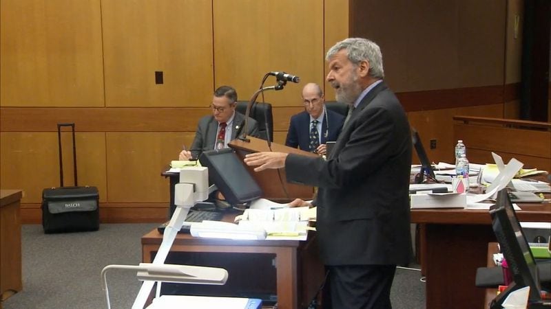 Defense attorney Don Samuel cross-examines Terri Sullivan, a nurse at Emory Hospital at Clifton Road. Sullivan testified during the murder trial of Tex McIver on March 16, 2018 at the Fulton County Courthouse. (Channel 2 Action News)