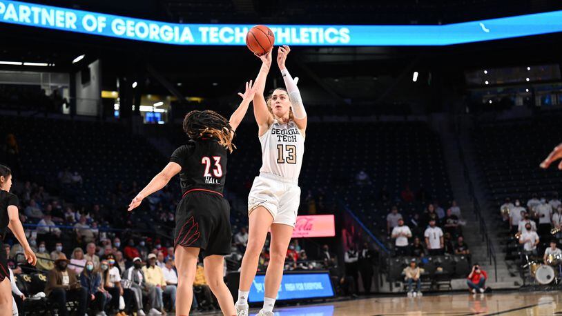 Georgia Tech forward Lorela Cubaj led the Yellow Jackets with 13 points and 16 rebounds in a 50-48 loss to Louisville Jan. 2, 2022 at McCamish Pavilion. (Danny Karnik/Georgia Tech Athletics)