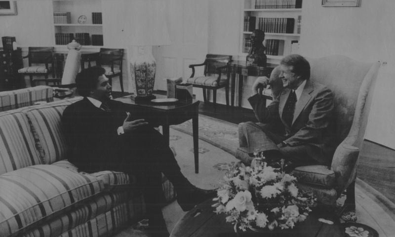 Feb. 1, 1977: Atlanta Mayor Maynard Jackson pays a call on President Jimmy Carter in Washington. They are pictured in the Oval Office.