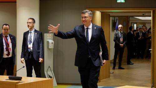 Croatia's Prime Minister Andrej Plenkovic arrives for a round table meeting at an EU summit in Brussels, Thursday, April 18, 2024. European Union leaders vowed on Wednesday to ramp up sanctions against Iran as concern grows that Tehran's unprecedented attack on Israel could fuel a wider war in the Middle East. (AP Photo/Omar Havana)