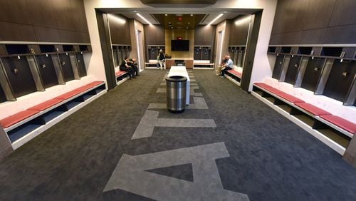 August 15, 2017 Atlanta - Picture shows the Atlanta United locker room during a tour of Mercedes-Benz Stadium on Tuesday, August 15, 2017. HYOSUB SHIN / HSHIN@AJC.COM