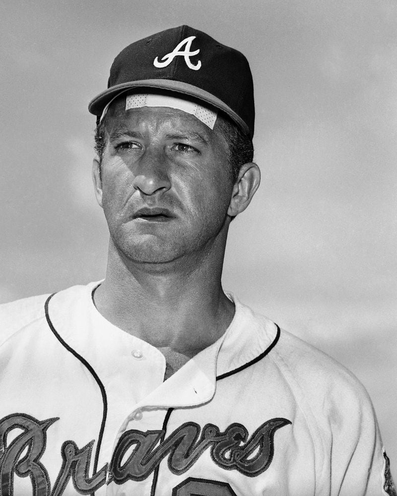 Coach and catcher Bob Uecker of the Atlanta Braves sports an injury during spring training in 1968 in West Palm Beach, Fla. (AP)