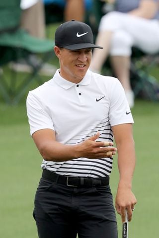 April 10, 2021, Augusta: Cameron Champ reacts to his putt on the second green during the third round of the Masters at Augusta National Golf Club on Saturday, April 10, 2021, in Augusta. Curtis Compton/ccompton@ajc.com