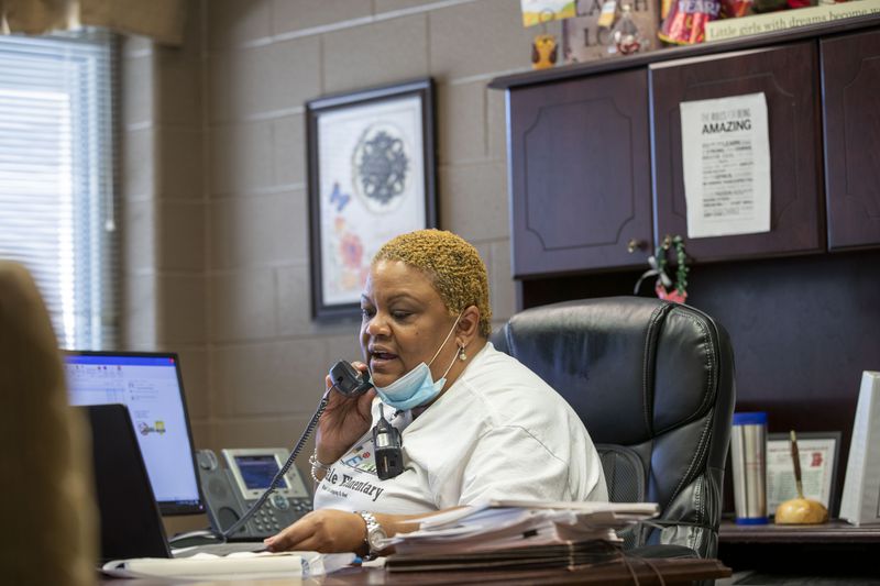 10/5/2020 - Atlanta, Georgia - Clarkdale Elementary School principal Liss Maynard gives the afternoon announcements before school is dismissed in Austell, Monday, October 5, 2020. Cobb County schools, the stateÕs second largest district with about 112,000 students, will begin the first phase of its reopening plan on Monday, Oct. 5. The district will reopen classes to students in pre-kindergarten through fifth grade and kindergarten through 12th grade special education students. (Alyssa Pointer / Alyssa.Pointer@ajc.com)