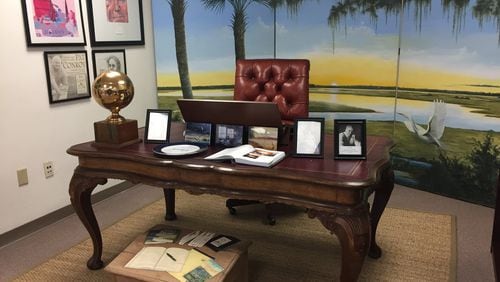 At the Pat Conroy Literary Center, visitors are invited to sit at the desk where Conroy wrote “Beach Music” on Fripp Island, S.C. CONTRIBUTED BY SUZANNE VAN ATTEN