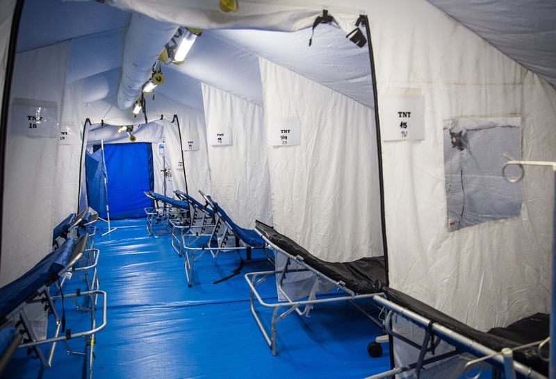 Last year, Northeast Georgia Medical Center in Gainesville put up tents to help serve COVID-19 patients as cases surged. The hospital system recently put tents back up, as a fourth COVID-19 wave, fueled by the highly contagious delta variant, fills hospitals once again. (File photo)