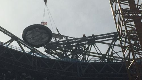 The final piece of structural steel was lifted to the Mercedes-Benz Stadium roof on Wednesday. (Contributed photo.)