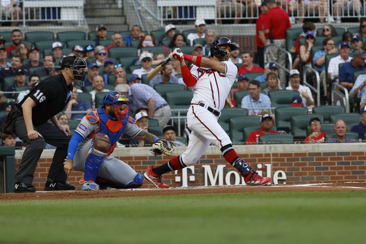 Eddie Rosario later followed with a run-scoring single that gave the Braves a 3-0 first-inning lead. (Miguel Martinez / miguel.martinezjimenez@ajc.com) 