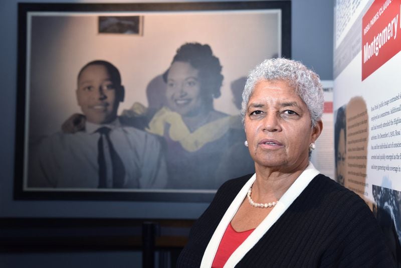 Shirley Franklin stands before a portrait of Emmett Till at the National Center for Civil and Human Rights: “His death impacted me and radicalized me.” HYOSUB SHIN / HSHIN@AJC.COM