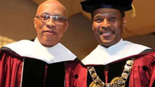 Morehouse College Board of Trustees chairman Robert Davidson, left, and the college’s president, John S. Wilson. (Photo Credit: Morehouse College.) The releasing of Wilson as president has caused some turmoil on campus and among graduates.