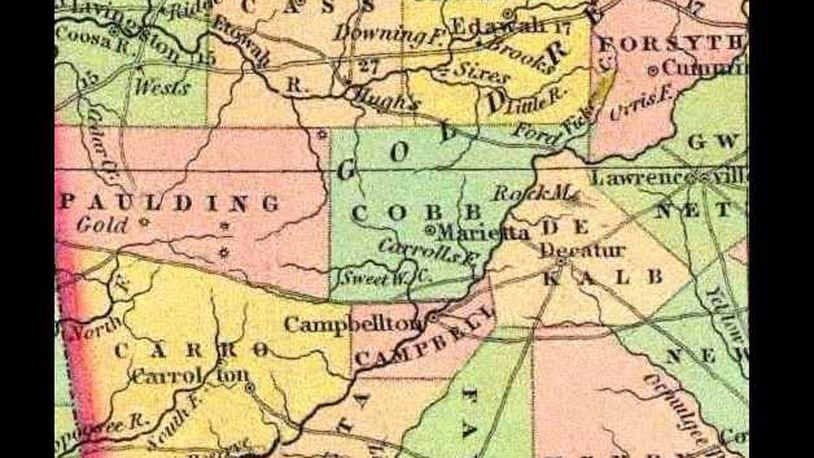This is a map of Cobb County and the surrounding region from 1834, two years after the county was established.