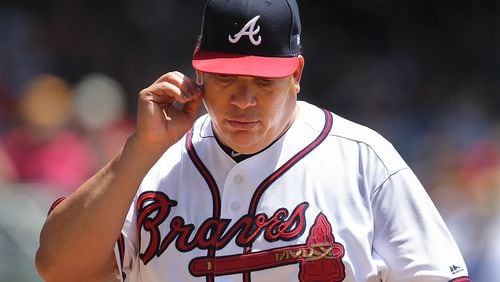 Braves pitcher Bartolo Colon reacts to giving up five runs to the Pittsburgh Pirates during the second inning Thursday at SunTrust Park. (Curtis Compton/ccompton@ajc.com)