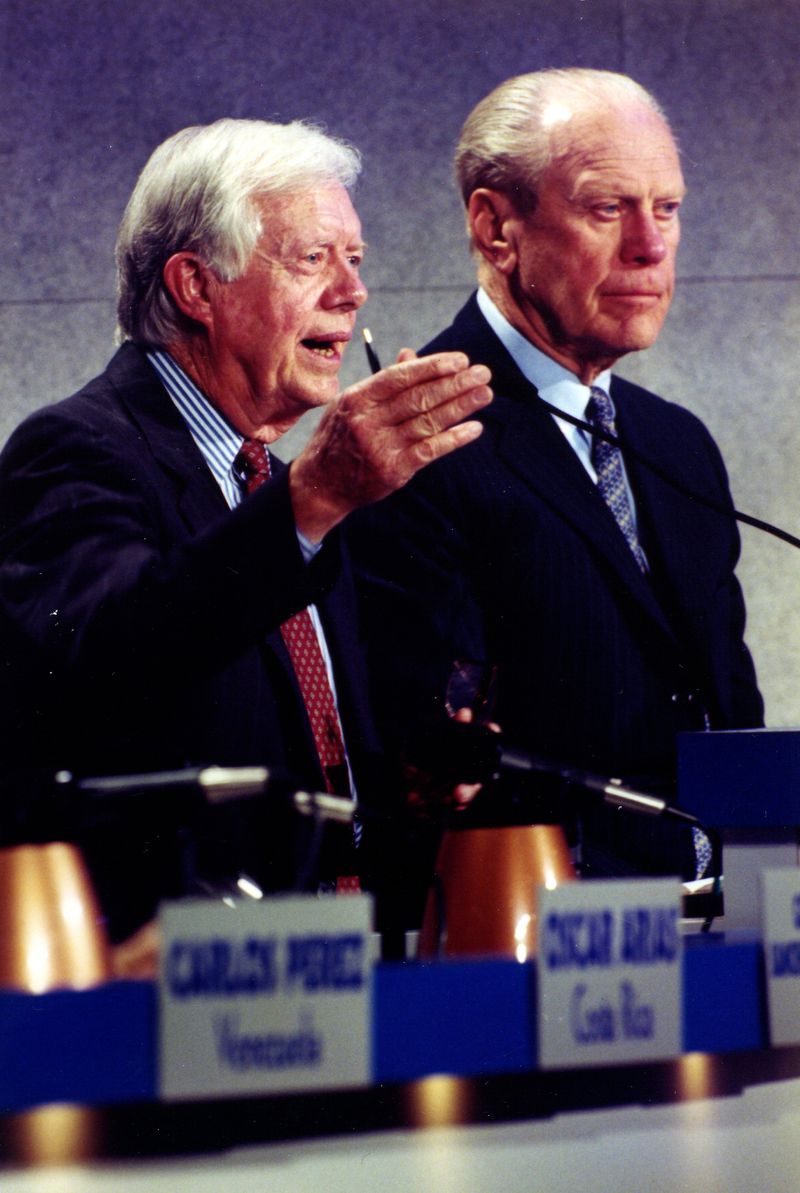 A team of (former) rivals: Historians said Jimmy Carter and Gerald Ford’s relationship was as close as any former presidents since John Adams and Thomas Jefferson. Here they took part together in a 1997 conference at the Carter Center in Atlanta. ROBERTO SCHMIDT / Agence France-Presse