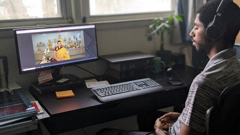 A student practices meditation virtually through Kadampa Meditation Center’s online services during the pandemic.