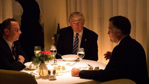 NEW YORK, NY - NOVEMBER 29: (L to R) Reince Priebus, incoming White House Chief of Staff, President-elect Donald Trump and Mitt Romney dine at Jean Georges restaurant, November 29, 2016 in New York City. President-elect Donald Trump and his transition team are in the process of filling cabinet and other high level positions for the new administration. (Photo by Drew Angerer/Getty Images)