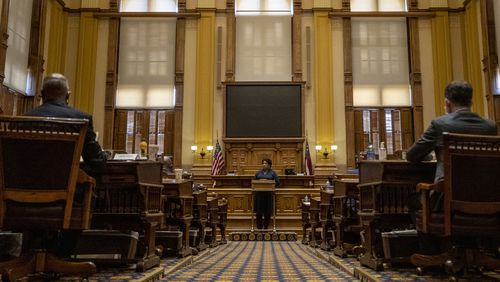 Georgia Democrat Stacey Abrams speaks to Democrats serving as Georgia's presidential electors before they cast their ballots in the Georgia Senate Chambers at the Georgia State Capitol building in Atlanta, Monday, December 14, 2020.  (Alyssa Pointer / Alyssa.Pointer@ajc.com)