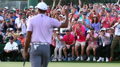April 13, 2019 - Augusta - Tiger Woods acknowledges the gallery on 18 during the third round of the Masters Tournament Saturday, April 13, 2019, at Augusta National Golf Club in Augusta. Curtis Compton / ccompton@ajc.com