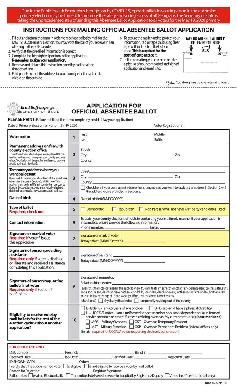 Georgia’s 6.9 million active voters are being mailed absentee ballot request forms in advance of the primary election June 9. The forms will already have voters’ names, addresses and birth dates filled in. Voters will need to select which party’s ballot they want, sign the form and return it to their county’s election office.