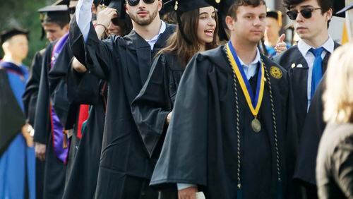 Graduates enter the quad during the processional.  Emory University held its 2018 Commencement today, the  university's 173rd.  BOB ANDRES / BANDRES@AJC.COM