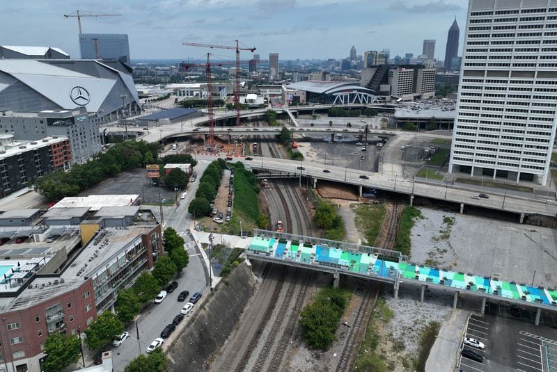 Aerial photo shows the Gulch, which is unbuilt but envisioned as the site of major development, Wednesday, August 9, 2023, in Atlanta. (Hyosub Shin / Hyosub.Shin@ajc.com)