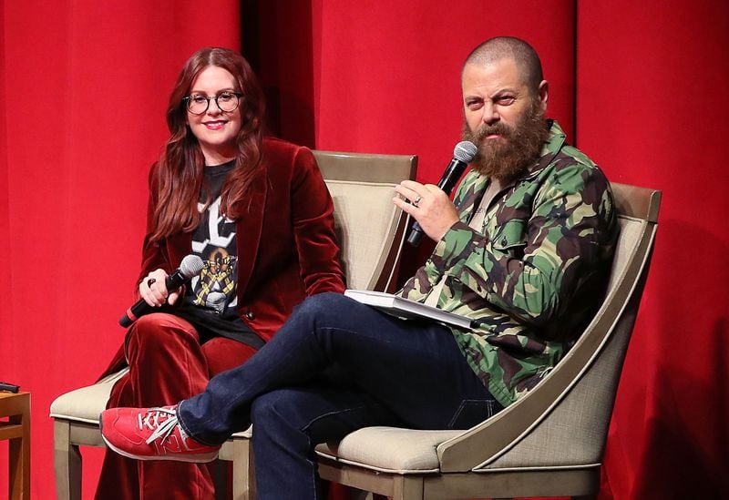 LOS ANGELES, CA - OCTOBER 03:  Megan Mullally and Nick Offerman appear on stage to discuss their book "The Greatest Love Story Ever Told" presented by Skylight Books at Aratani Theatre on October 3, 2018 in Los Angeles, California., California.  (Photo by David Livingston/Getty Images)