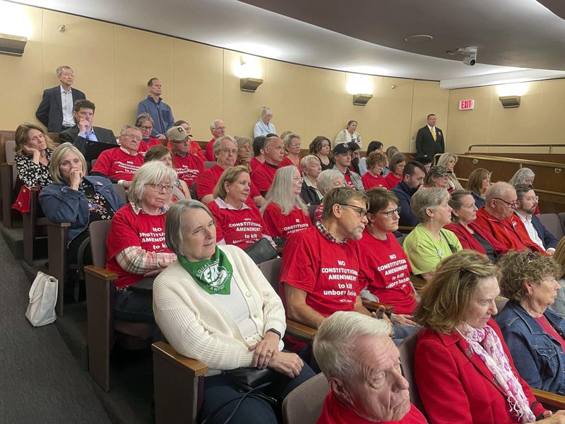 Dozens of opponents and supporters of the Minnesota Equal Rights Amendment attend the first legislative hearing of the year on the proposed amendment in the State Office Building in St. Paul, Minn., on Monday, May 6, 2024. (AP Photo/Trisha Ahmed)