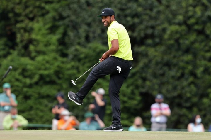 April 9, 2021, Augusta: Tony Finau reacts to missing his eagle putt on the fifteenth hole during the second round of the Masters at Augusta National Golf Club on Friday, April 9, 2021, in Augusta. Curtis Compton/ccompton@ajc.com