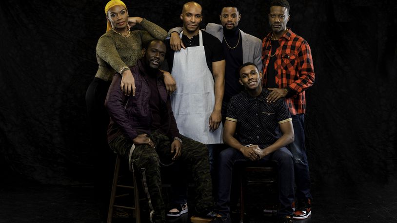 The cast of the Alliance Theatre's production of Pulitzer Prize-winning dramedy “The Hot Wing King” includes, from left, Armand Fields, Nicco Annan, Djorn Dupaty, Calvin Thompson, Myles Alexander Evans, and Jay Jones. 
Courtesy of Greg Mooney