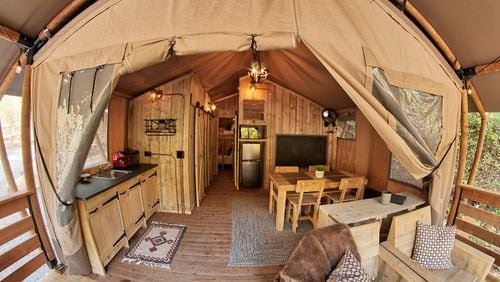 A luxury glamping tent at Little Arrow Outdoor Resort near the Smoky Mountains in Tennessee. 
Courtesy of Little Arrow Outdoor Resort.