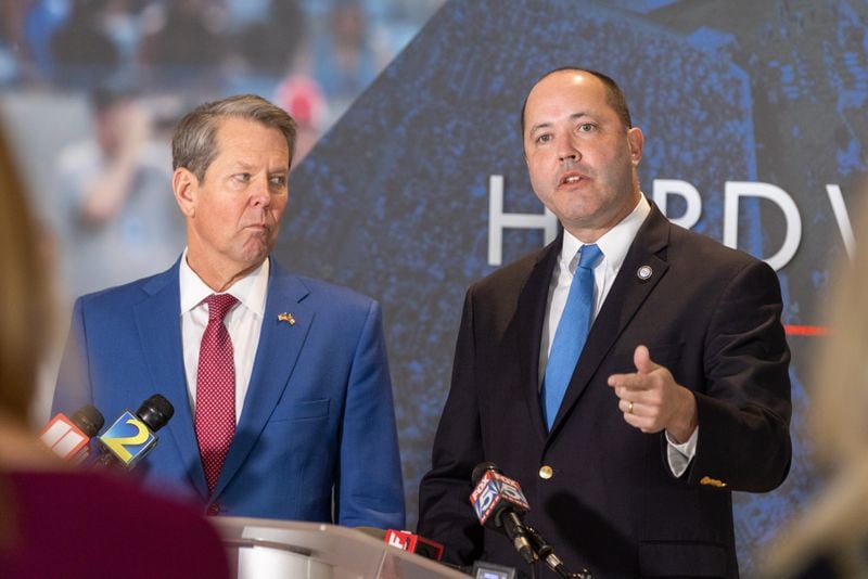Georgia Attorney General Chris Carr, right, has been one of Gov. Brian Kemp’s most loyal allies at a time when cracks have appeared in the state Republican Party between its establishment wing and supporters of former President Donald Trump. Now, Carr is considering a 2026 run to succeed Kemp, who cannot seek a third term. (Arvin Temkar / arvin.temkar@ajc.com)