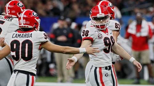 Georgia Bulldogs place kicker Rodrigo Blankenship (98) after kicking one of his two first-half field goals against Baylor in the Sugar Bowl.  Bob Andres  bandres@ajc.com