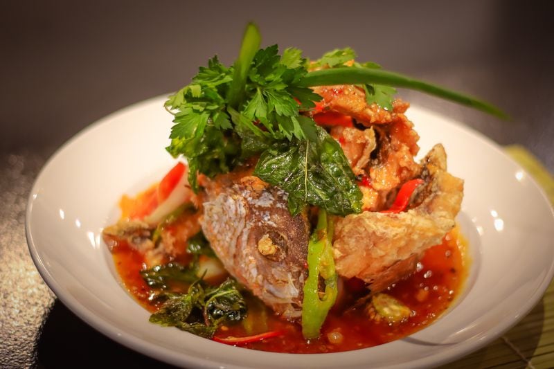 Pla sam rod, featuring whole snapper in a sweet and sour chile sauce, is among the specialty dishes at Banana Leaf Thai + Bar in Sandy Springs. Courtesy of Banana Leaf Thai + Bar