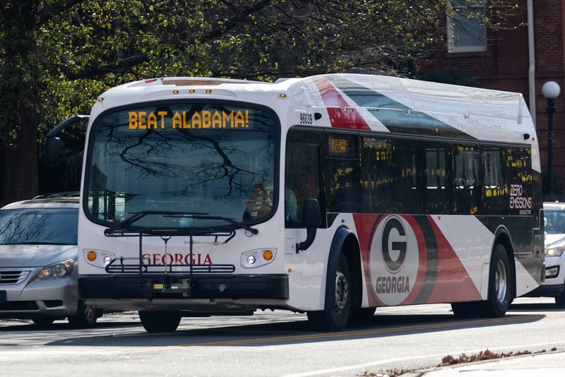 A bus at the University of Georgia displays a message supporting the school’s football team on Jan. 7, 2021, in Athens. (Nathan Posner for The Atlanta Journal-Constitution)