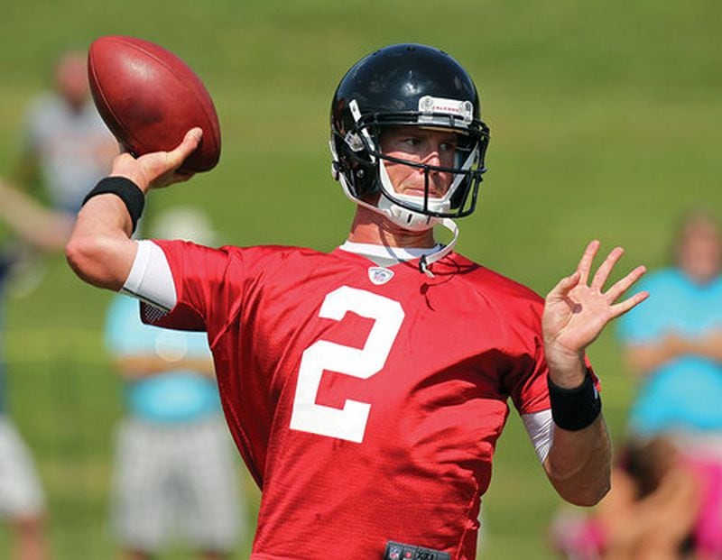 061912 FLOWERY BRANCH: Falcons quarterback Matt Ryan completes a pass during the first day of mini-camp in Flowery Branch on Tuesday, June 19, 2012. CURTIS COMPTON / CCOMPTON@AJC.COM He wears No. 2, and he's ranked in Tier 2. (Curtis Compton/AJC)