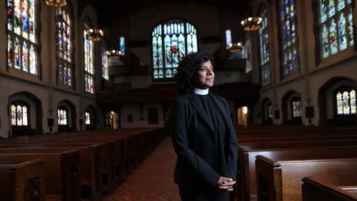 The Rev. Winnie Varghese, the rector at St. Luke’s Episcopal Church on Peachtree Street, gave a Sunday sermon titled “Rise Up,” in which she called the potential loss of abortion rights “Profoundly evil. ... The simple things are actually proper prenatal care, and birth control, sex ed and truth-telling, and access to medical care.” (Miguel Martinez / For The Atlanta Journal-Constitution)